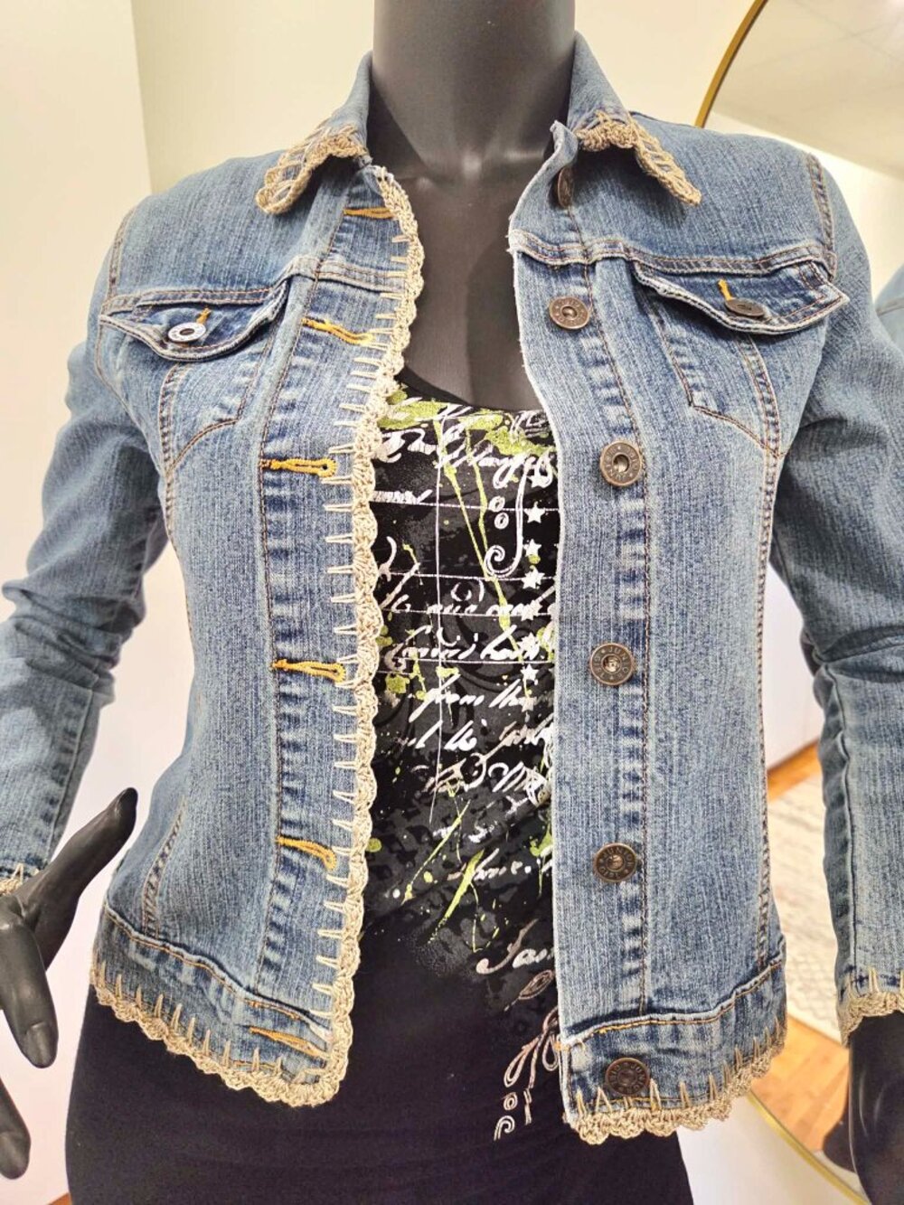 Vintage Le Château Junior denim jacket, Y2K coquette, crochet trim | fits XS